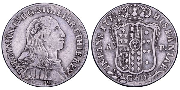 NAPOLI. FERDINANDO IV DI BORBONE, 1759-1799. I PERIODO. Mezza piastra da 60 grana 1792.