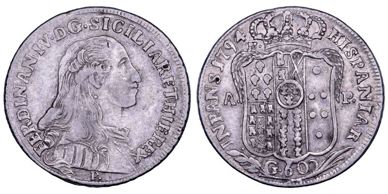 NAPOLI. FERDINANDO IV DI BORBONE, 1759-1799. I PERIODO. Mezza piastra da 60 grana 1794.  - Auction Numismatics - Cambi Casa d'Aste
