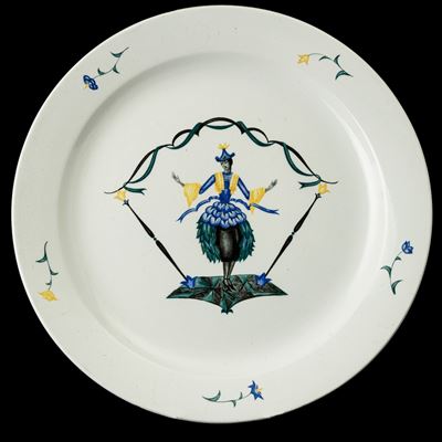 Piatto in terraglia a colaggio con danzatrice policroma, Laveno (circa 1930)
