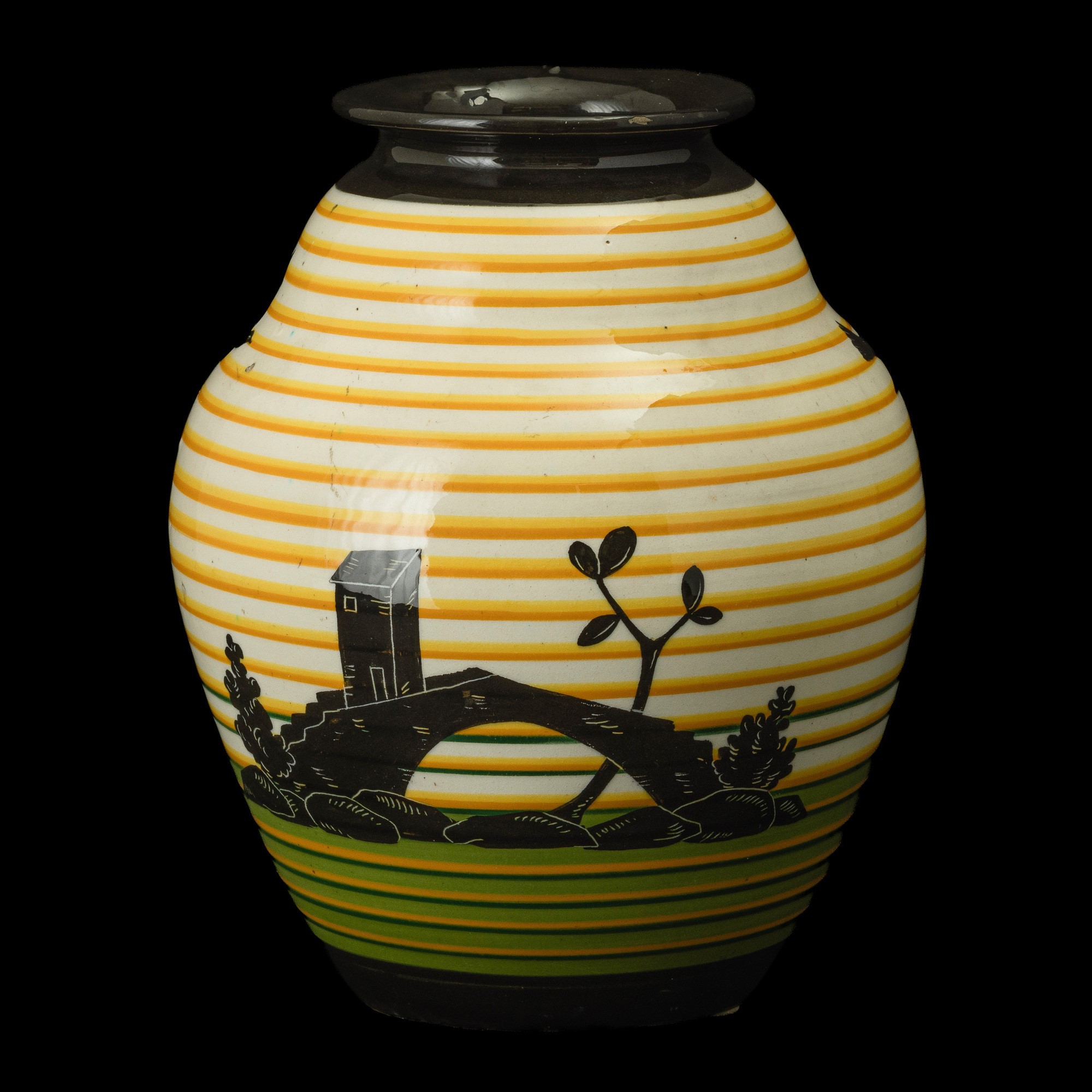 R. Bini & Fratelli Carmignani, Vaso in ceramica con decoro di paesaggi su fondo policromo