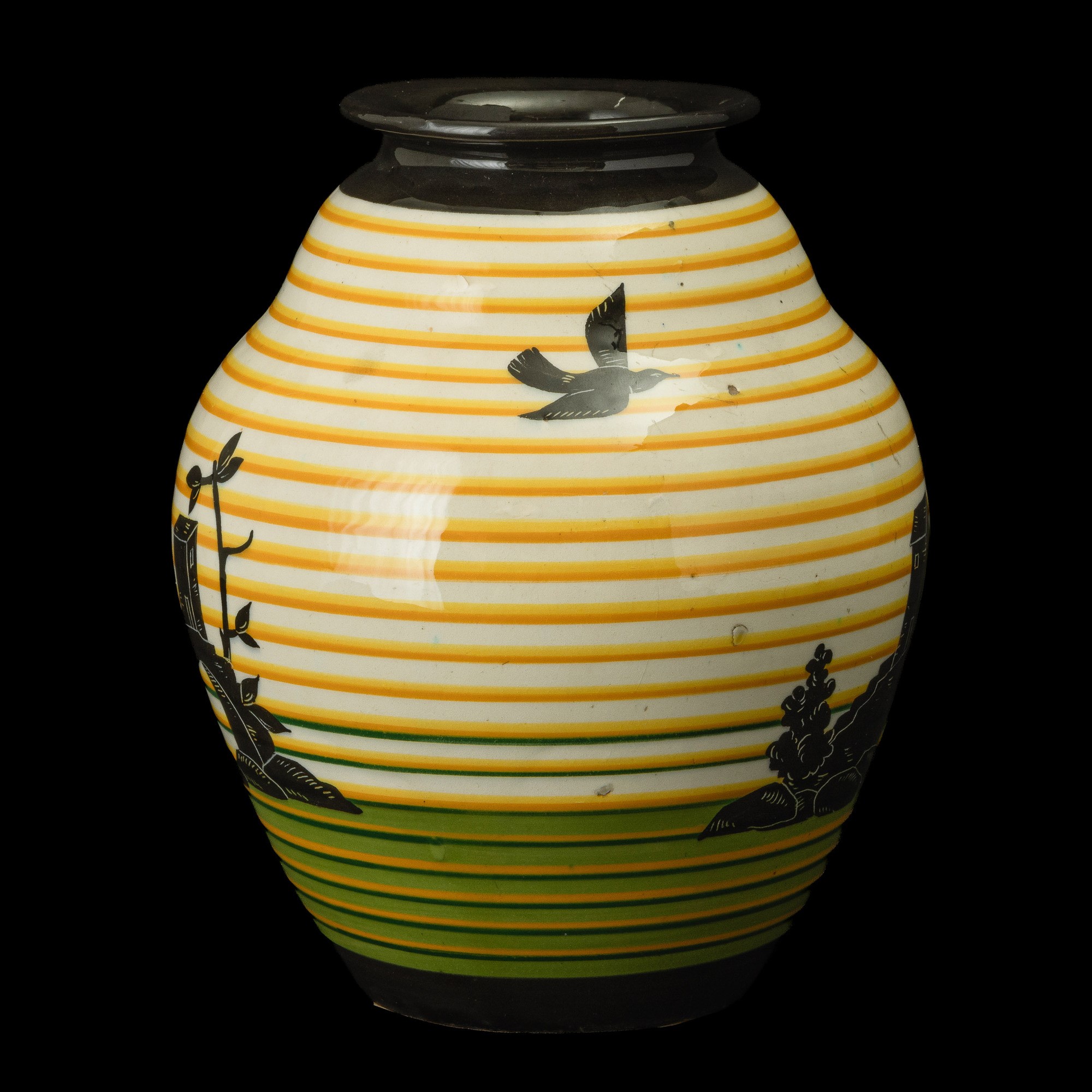 R. Bini & Fratelli Carmignani, Vaso in ceramica con decoro di paesaggi su fondo policromo