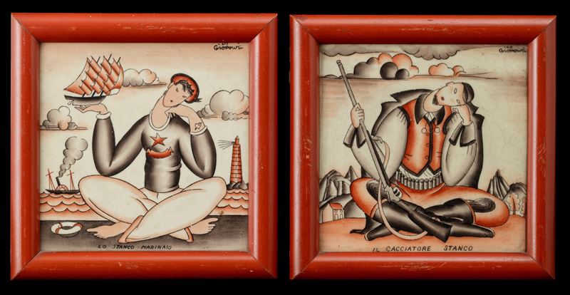Gio Ponti - San Cristoforo, Milano, coppia di piastrelle decorative in terraglia con personaggi d...