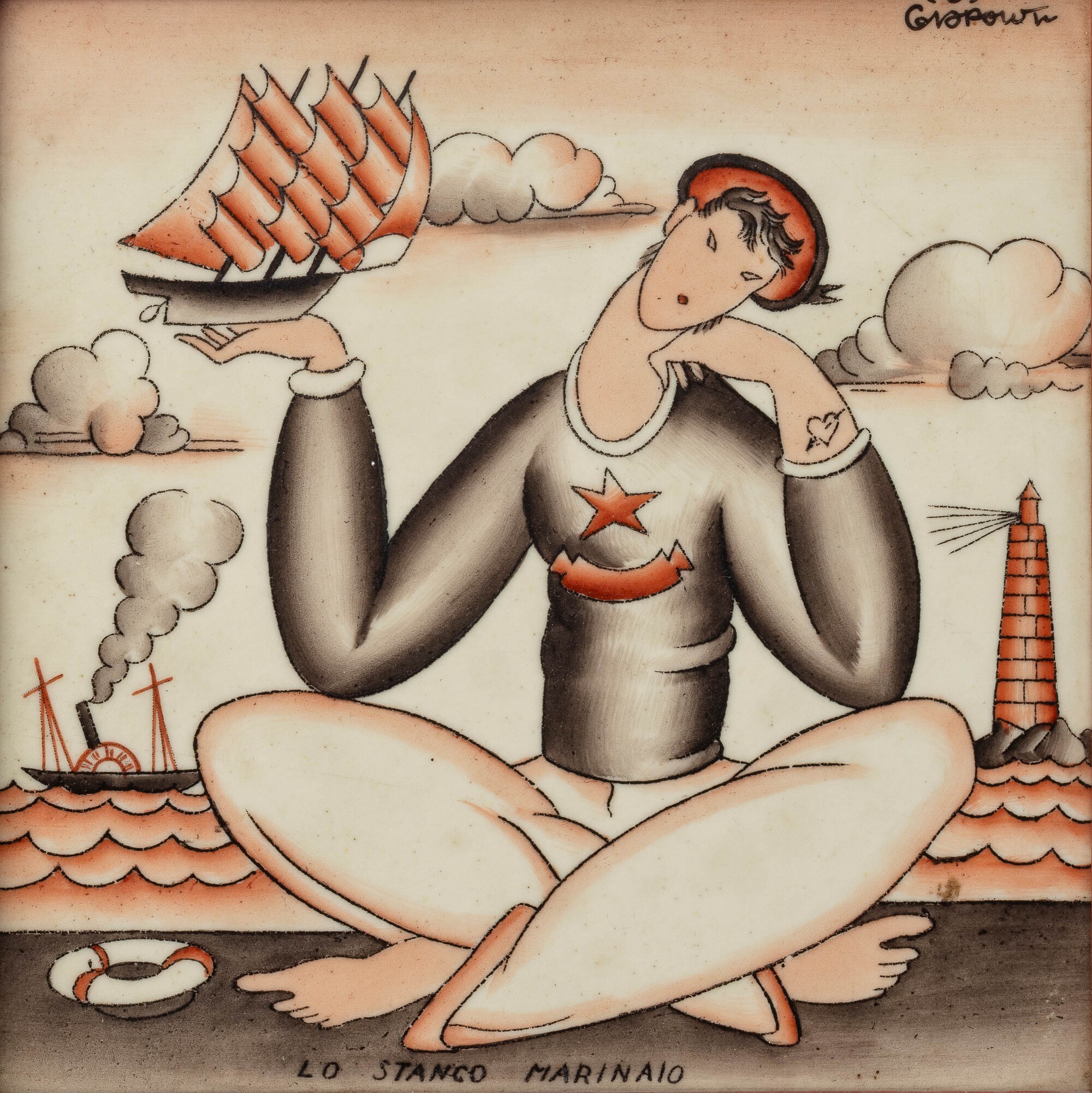 Gio Ponti - San Cristoforo, Milano, coppia di piastrelle decorative in terraglia con personaggi d...