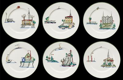 Serie di sei piatti in terraglia con decoro del Lago Maggiore