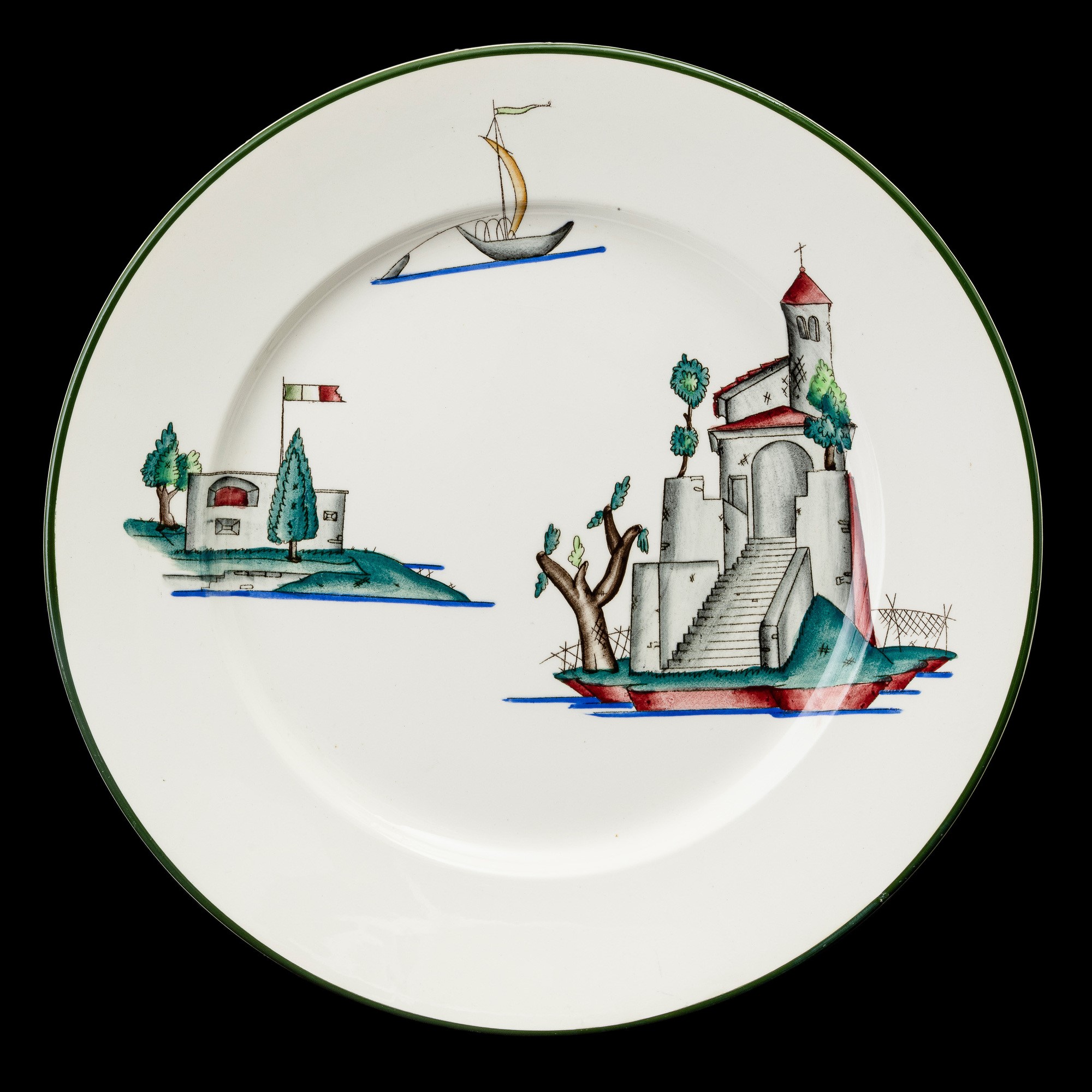 Guido Andloviz - Serie di sei piatti in terraglia con decoro del Lago Maggiore