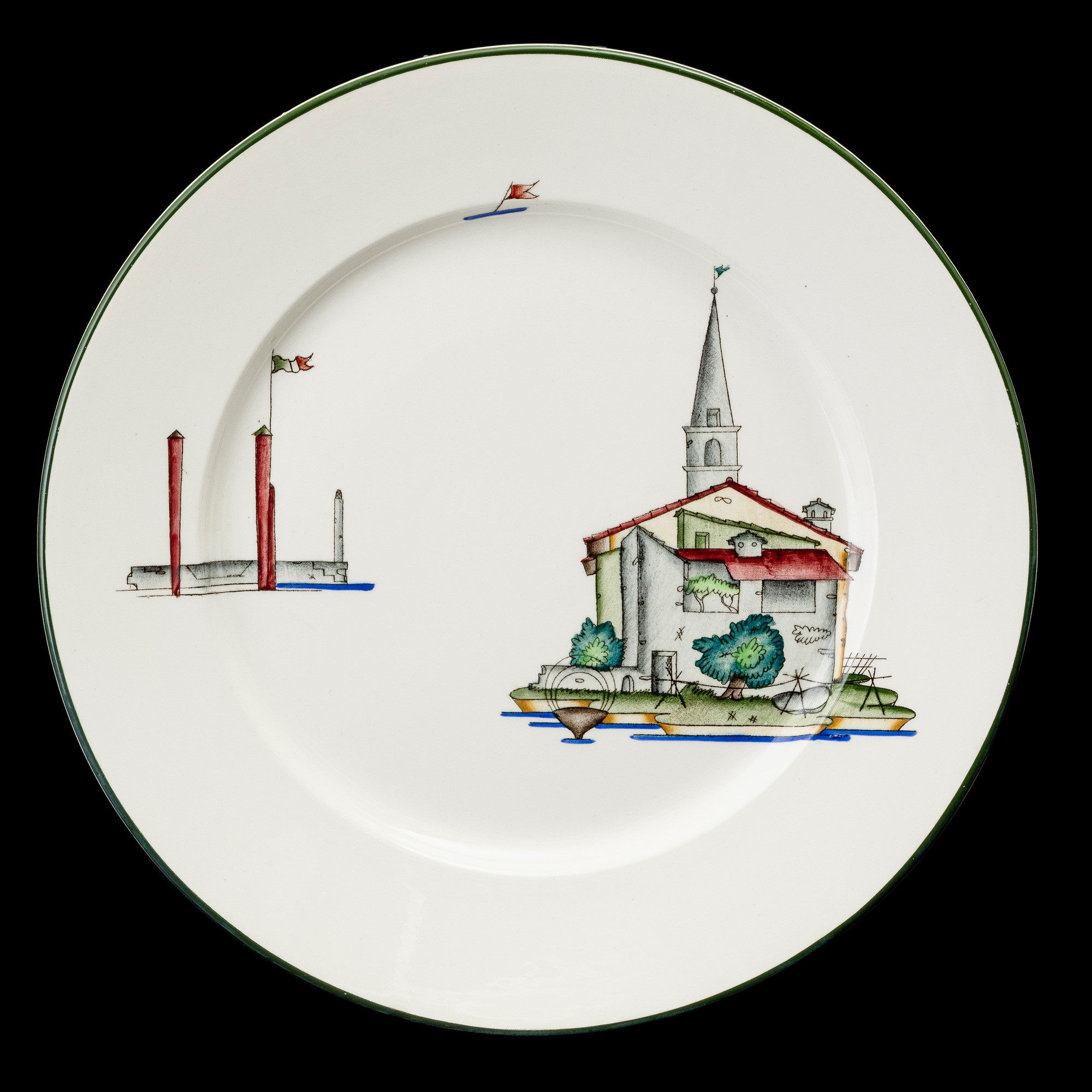 Guido Andloviz - Serie di sei piatti in terraglia con decoro del Lago Maggiore