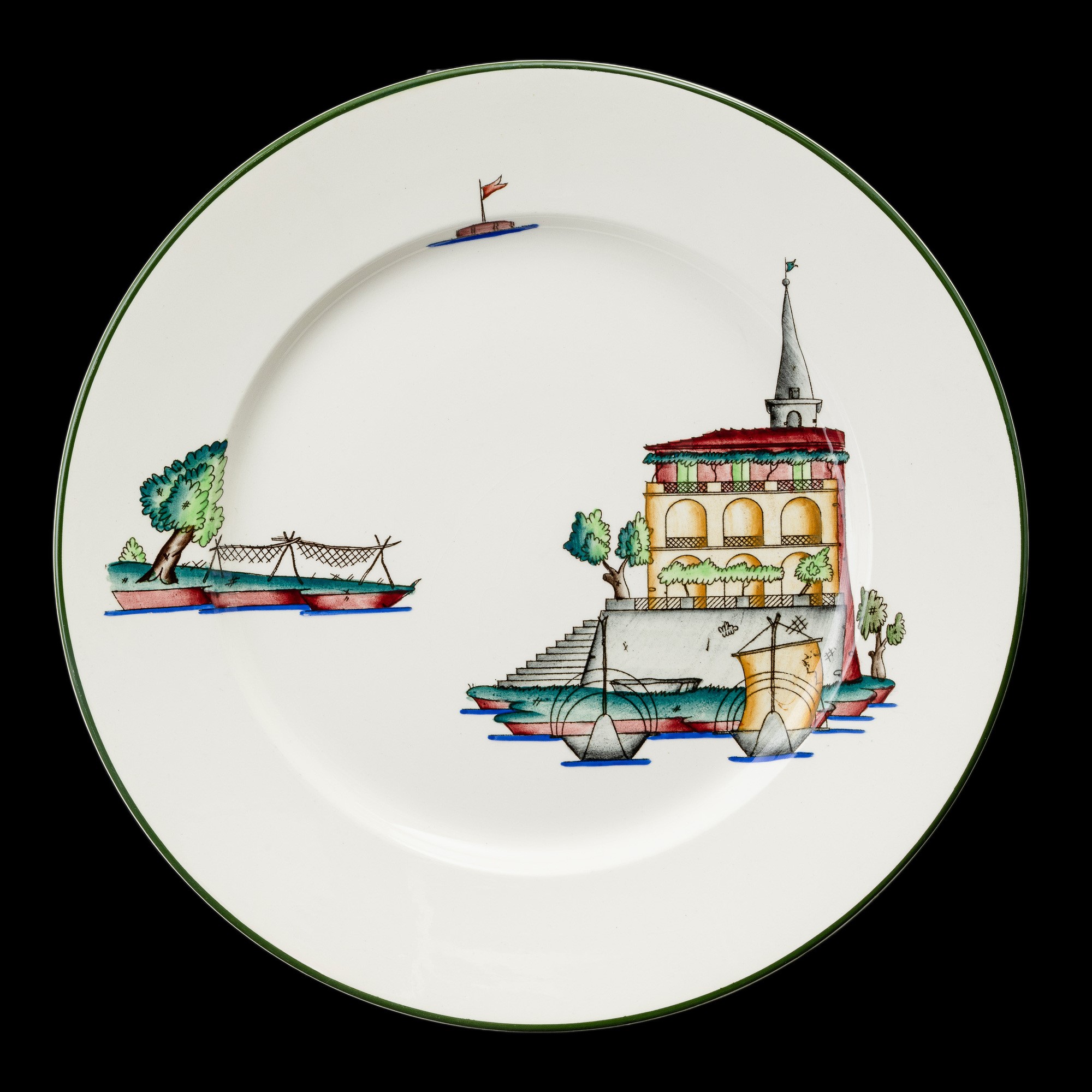 Guido Andloviz - Serie di sei piatti in terraglia con decoro del Lago Maggiore