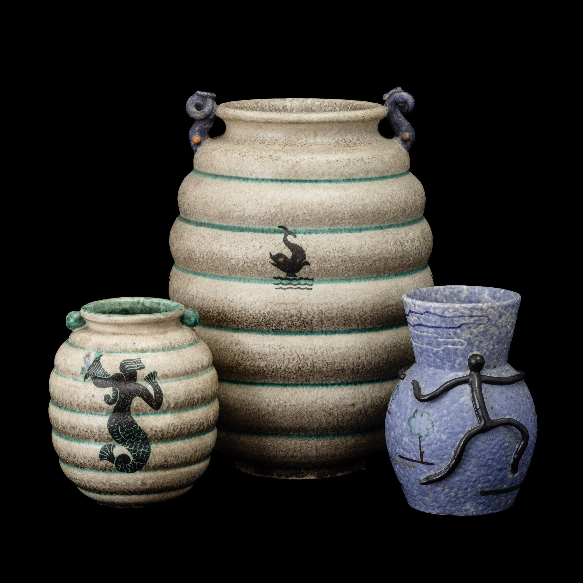 Ivos Pacetti - La Fiamma e La Casa dell’Arte (Albisola), tre vasi in ceramica con decoro policrom...