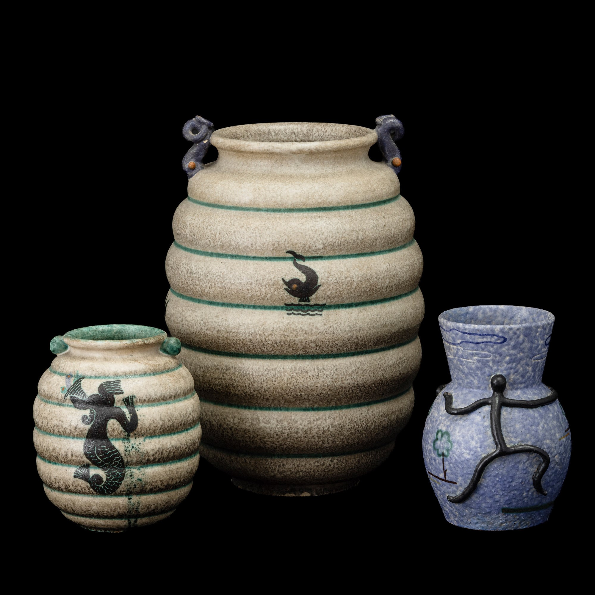 Ivos Pacetti - La Fiamma e La Casa dell’Arte (Albisola), tre vasi in ceramica con decoro policrom...