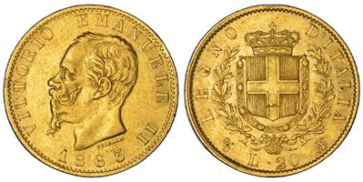 Vittorio Emanuele II di Savoia, 20 Lire 1863 (Torino) - Regno d’Italia, oro