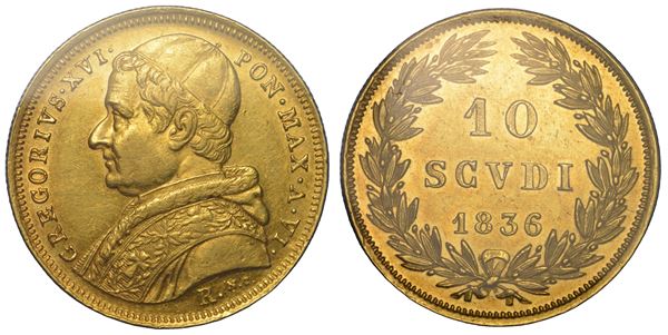 STATO PONTIFICIO. GREGORIO XVI (Bartolomeo Alberto Cappellari della Colomba), 1831-1846. 10 Scudi A. VI/1836. Roma.
