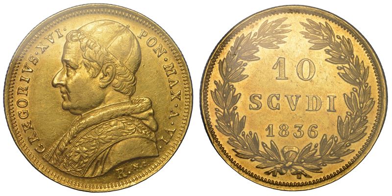 STATO PONTIFICIO. GREGORIO XVI (Bartolomeo Alberto Cappellari della Colomba), 1831-1846. 10 Scudi A. VI/1836. Roma.  - Asta Numismatica - Cambi Casa d'Aste