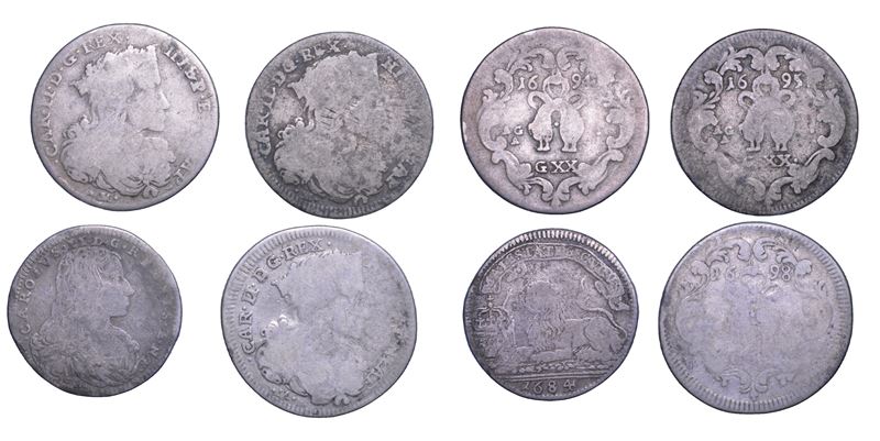 Napoli, Carlo II di Spagna (1665-1700), lotto di quattro monete