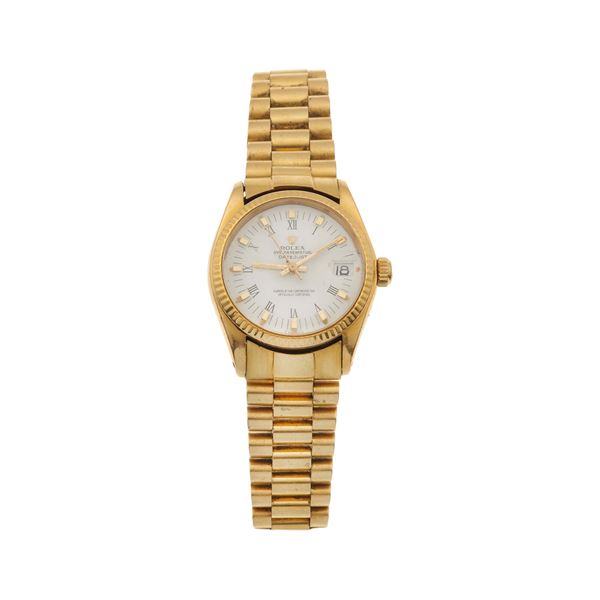 Gold wristwatch. Signed Rolex, Oyster Perpetual Datejust. Movement not serviced. Fitted case and certificate