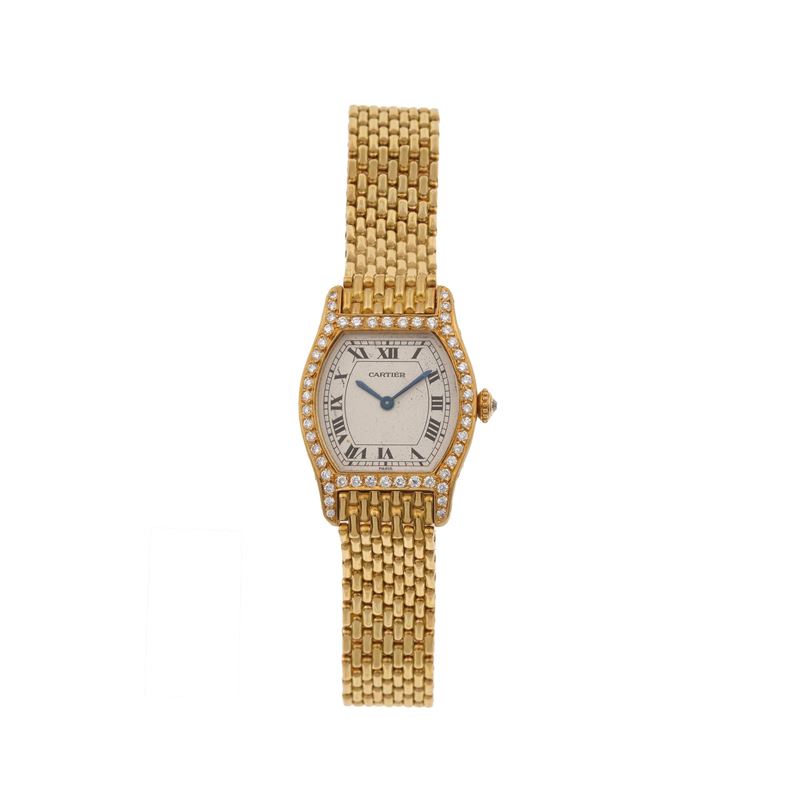 Cartier, orologio da polso con piccoli diamanti  - Asta Gioielli, argenti, arredi e oggetti d'arte. Un lascito per finalità benefiche - I - Cambi Casa d'Aste