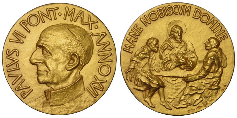 Paolo VI (Giovanni Battista Montini), Medaglia in oro con busto e scena dell’Ultima Cena, Anno XV...