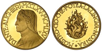Medaglia in oro 900, 700° anniversario della nascita di Dante Alighieri (1965), busto di Dante