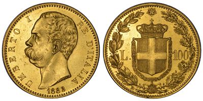 Umberto I di Savoia, 100 Lire Regno d’Italia (1883) – Oro, 35,20 mm