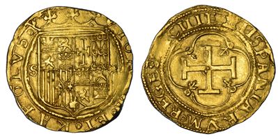 Spagna, Carlo V e Juana, Escudo: stemma con legenda, oro