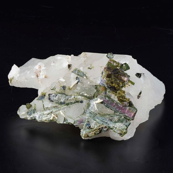 GREEN TOURMALINE ON CALCITE MATRIX
