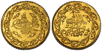 Mahmud II (1808-1839), Tughra e legenda entro corone floreali (Cedid Mahmudiye 1223 AH)