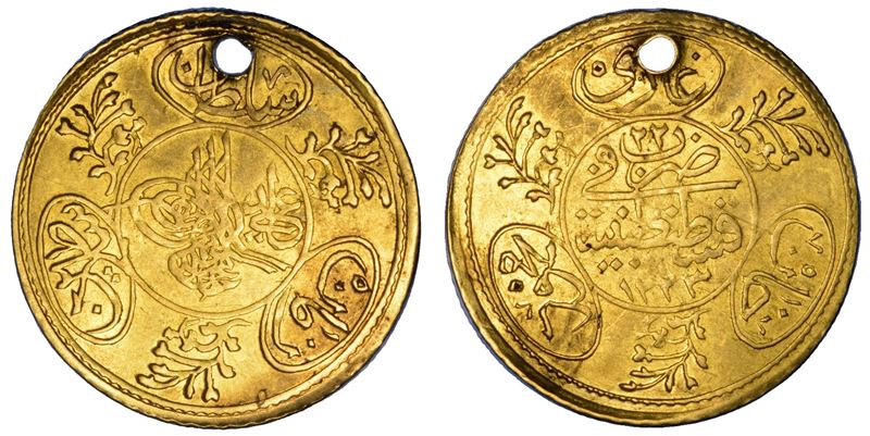 IMPERO OTTOMANO. MAHMUD II, 1808-1839 (1223-1255). Hayriye Altin 1223 (anno 22).  - Auction Numismatics - Cambi Casa d'Aste