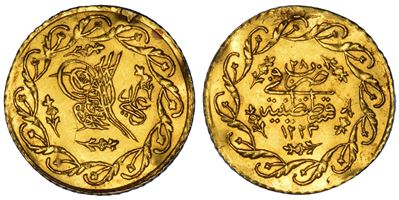 Mahmud II, Cedid Mahmudiye 1223 (anno 28) — Tughra e legenda araba