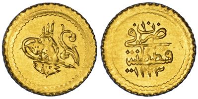 Mahmud II, Tughra ottomana (1/4 Zeri Mahbub, 1223 AH / anno 10), oro