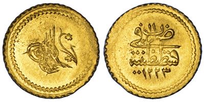 Mahmud II (1808-1839), 1/4 Zeri Mahbub, anno 11 (1223) – tughra e legenda in arabo, oro