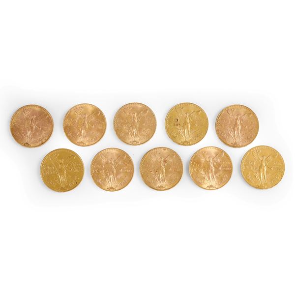 Dieci monete da 50 pesos messicani in oro. 1945, 1946 e 1947