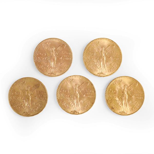 Cinque monete da 50 Pesos messicani in oro. 1944 e 1947