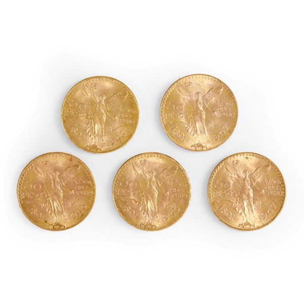 Cinque monete da 50 Pesos messicani in oro. 1946 e 1947