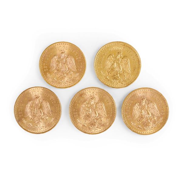 Cinque monete da 50 pesos messicani in oro, 1946 e 1947