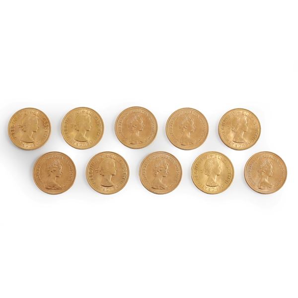 Dieci sterline in oro, datate 1976, 1963, 1964, 1959, 1958, 1968