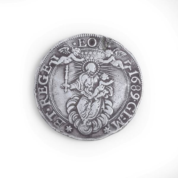 Moneta da due scudi in argento. Genova 1689 (*)
