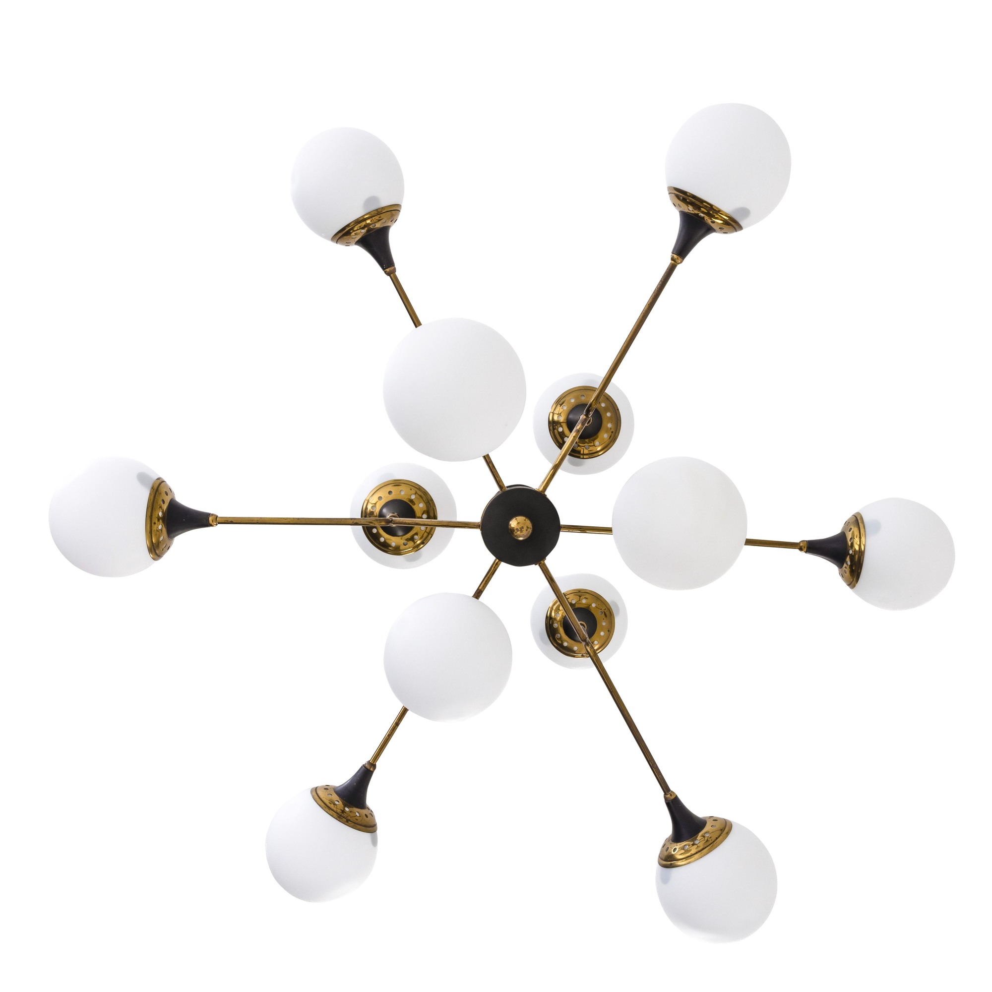 Stilnovo - Lampada a sospensione in ottone e metallo laccato con diffusori in vetro opalino