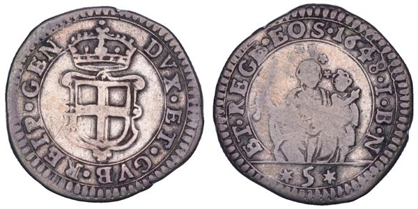 GENOVA. DOGI BIENNALI, III fase, 1637-1797. 5 Soldi 1648, sigle IBN.