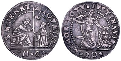 Alvise I Mocenigo (attrib.), Venezia, 20 soldi o lira con Santa Giustina (1570-1577)