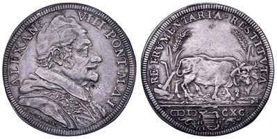 Pietro Ottoboni (Alessandro VIII), Testone 1690/A, Stato Pontificio