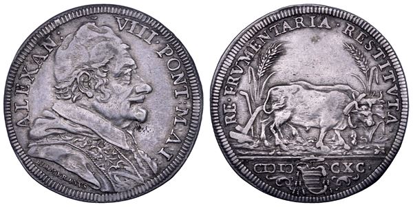 STATO PONTIFICIO. ALESSANDRO VIII (Pietro Ottoboni), 1689-1691. Testone 1690/A. I.