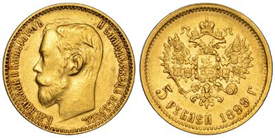 Nikolaj II, 5 Rubli 1899 (oro) – Russia