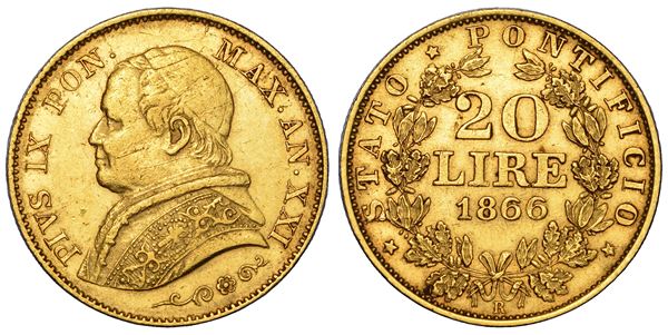 STATO PONTIFICIO. PIO IX (Giovanni Maria Mastai Ferretti), 1846-1878. 20 Lire 1866/A. XXI.