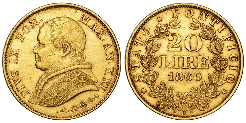 Giovanni Maria Mastai Ferretti (Pio IX), 20 Lire Stato Pontificio, 1866/A (XXI), oro