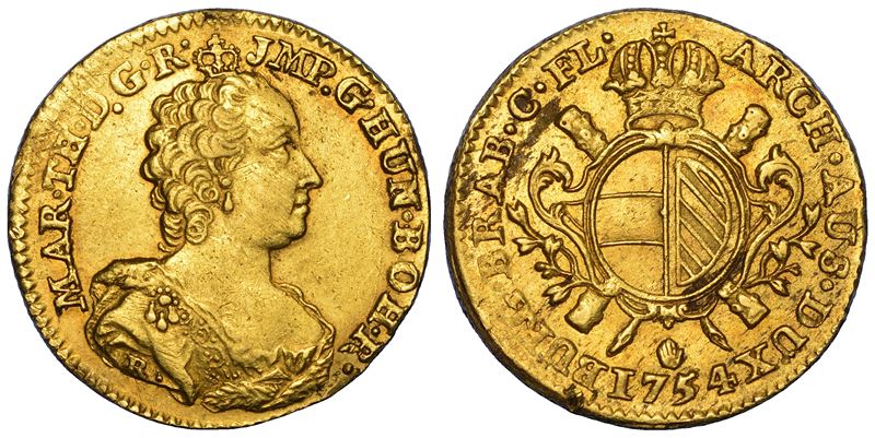 Maria Theresia, Busto della Sovrana (1754) — diritto con scudo ovale su croce di Borgogna, oro