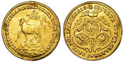 Germania (Nürnberg, Free State), Ducat in oro con agnello e vessillo su globo terrestre