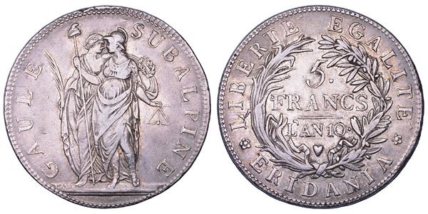 TORINO. REPUBBLICA SUBALPINA, 1800-1802. 5 Franchi AN. 10.