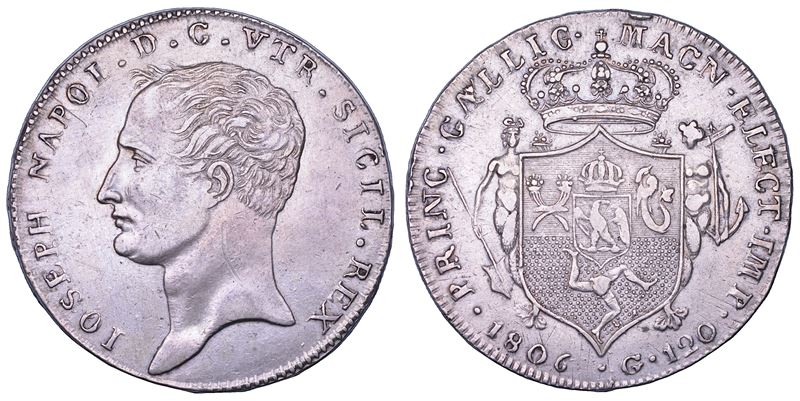 NAPOLI. GIUSEPPE NAPOLEONE, 1806-1808. Piastra da 120 Grana 1806.  - Auction Numismatics - Cambi Casa d'Aste