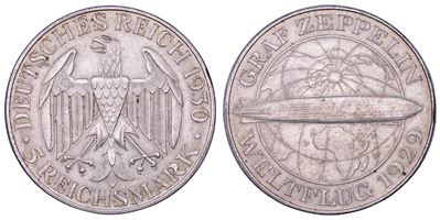 Germania (Repubblica di Weimar), 5 Reichsmark 1930 – Aquila e dirigibile su globo terrestre