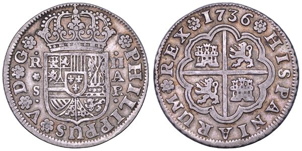FELIPE V, 1700-1746. SPAGNA. 2 Reales 1736. Siviglia.