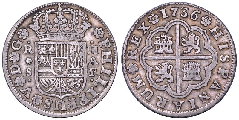 FELIPE V, 1700-1746. SPAGNA. 2 Reales 1736. Siviglia.  - Asta Numismatica - Cambi Casa d'Aste
